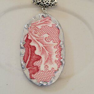 Red & White Leaf Transferware Broken China Large Soldered Pendant Necklace